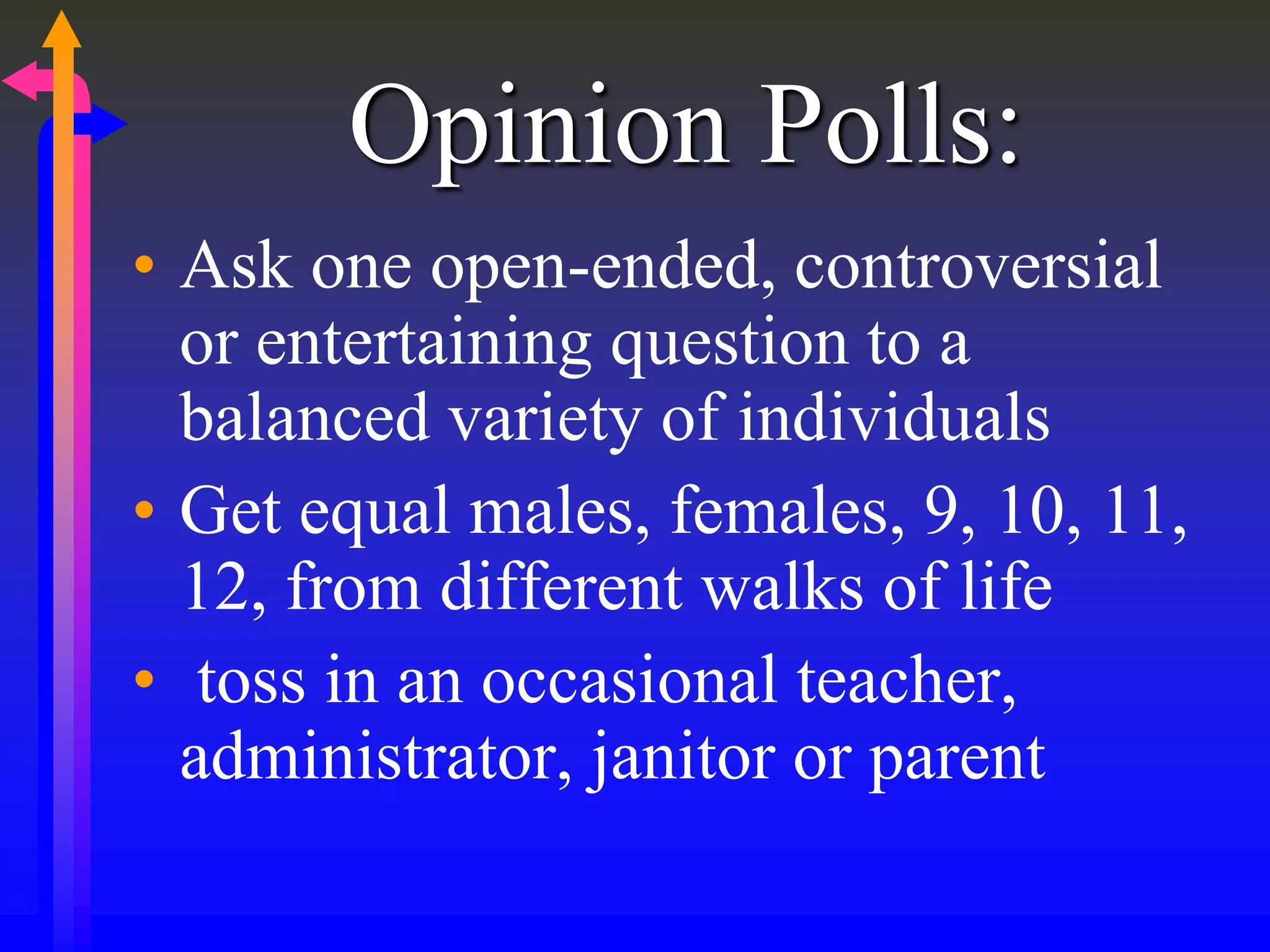 Opinion Polls:
• Ask one open-ended, controversial
or entertaining question to a
balanced variety of individuals
• Get equal males, females, 9, 10, 11,
12, from different walks of life
• toss in an occasional teacher,
administrator, janitor or parent
 