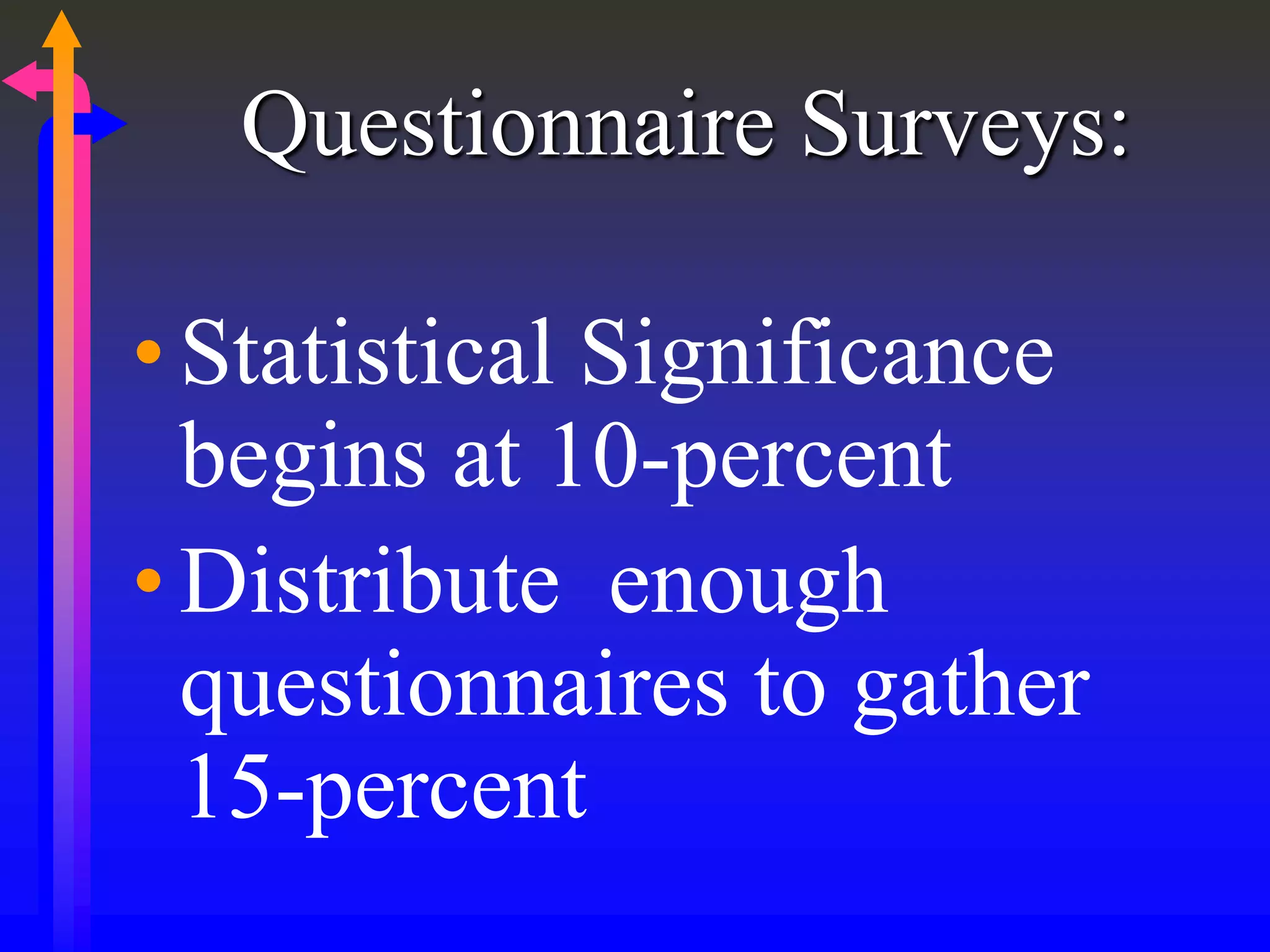 Questionnaire Surveys:
•Statistical Significance
begins at 10-percent
•Distribute enough
questionnaires to gather
15-percent
 
