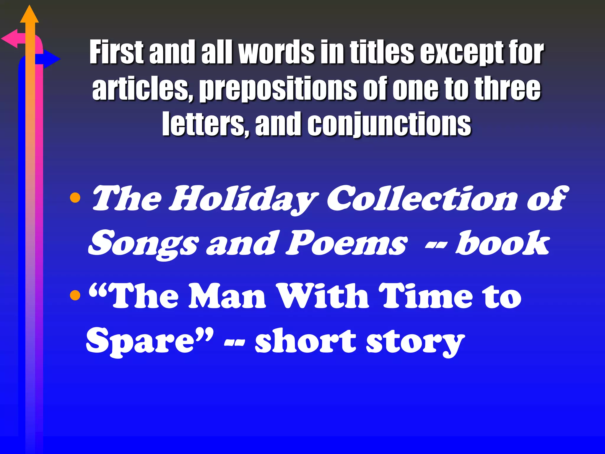 First and all words in titles except for
articles, prepositions of one to three
letters, and conjunctions
•The Holiday Collection of
Songs and Poems -- book
•“The Man With Time to
Spare” -- short story
 