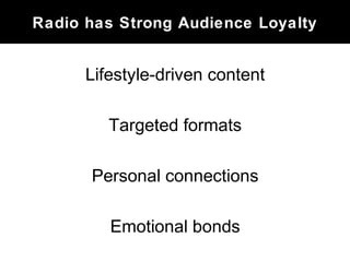 Lifestyle-driven content
Targeted formats
Personal connections
Emotional bonds
Radio has Strong Audience Loyalty
 