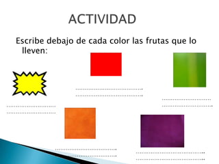 Escribe debajo de cada color las frutas que lo lleven:              ACTIVIDAD……………………………….……………………………….……………………………………………….…………………………………………………………………………….…………………………….………………………………..………………………………..