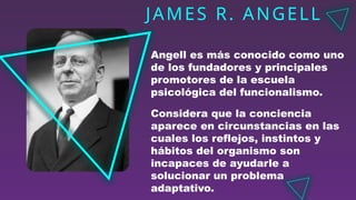 JAMES R. ANGELL
Angell es más conocido como uno
de los fundadores y principales
promotores de la escuela
psicológica del funcionalismo.
Considera que la conciencia
aparece en circunstancias en las
cuales los reflejos, instintos y
hábitos del organismo son
incapaces de ayudarle a
solucionar un problema
adaptativo.
 
