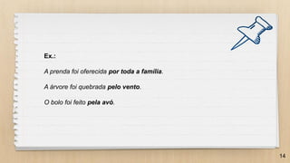 14
Ex.:
A prenda foi oferecida por toda a família.
A árvore foi quebrada pelo vento.
O bolo foi feito pela avó.
 