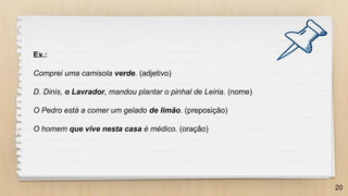 20
Ex.:
Comprei uma camisola verde. (adjetivo)
D. Dinis, o Lavrador, mandou plantar o pinhal de Leiria. (nome)
O Pedro está a comer um gelado de limão. (preposição)
O homem que vive nesta casa é médico. (oração)
 