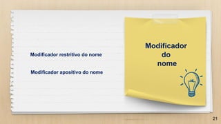 21
Modificador
do
nome
Modificador restritivo do nome
Modificador apositivo do nome
 