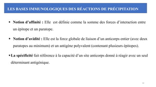 LES BASES IMMUNOLOGIQUES DES RÉACTIONS DE PRÉCIPITATION
▪ Notion d’affinité : Elle est définie comme la somme des forces d’interaction entre
un épitope et un paratope.
▪ Notion d’avidité : Elle est la force globale de liaison d’un anticorps entier (avec deux
paratopes au minimum) et un antigène polyvalent (contenant plusieurs épitopes).
▪La spécificité fait référence à la capacité d’un site anticorps donné à réagir avec un seul
déterminant antigénique.
10
 