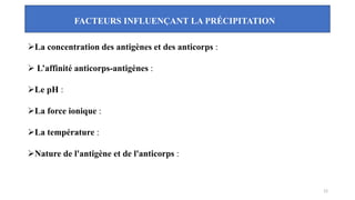 FACTEURS INFLUENÇANT LA PRÉCIPITATION
➢La concentration des antigènes et des anticorps :
➢ L’affinité anticorps-antigènes :
➢Le pH :
➢La force ionique :
➢La température :
➢Nature de l'antigène et de l'anticorps :
12
 
