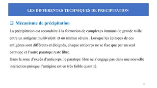 LES DIFFERENTES TECHNIQUES DE PRECIPITATION
14
❑ Mécanisme de précipitation
La précipitation est secondaire à la formation de complexes immuns de grande taille
entre un antigène multivalent et un immun sérum . Lorsque les épitopes de ces
antigènes sont différents et éloignés, chaque anticorps ne se fixe que par un seul
paratope et l’autre paratope reste libre.
Dans la zone d’excès d’anticorps, le paratope libre ne s’engage pas dans une nouvelle
interaction puisque l’antigène est en très faible quantité.
 