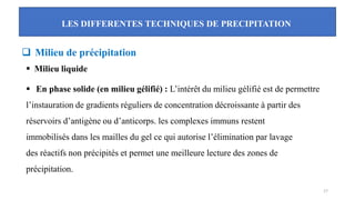 LES DIFFERENTES TECHNIQUES DE PRECIPITATION
17
❑ Milieu de précipitation
▪ Milieu liquide
▪ En phase solide (en milieu gélifié) : L’intérêt du milieu gélifié est de permettre
l’instauration de gradients réguliers de concentration décroissante à partir des
réservoirs d’antigène ou d’anticorps. les complexes immuns restent
immobilisés dans les mailles du gel ce qui autorise l’élimination par lavage
des réactifs non précipités et permet une meilleure lecture des zones de
précipitation.
 