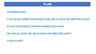 PLAN
INTRODUCTION
I. LES BASES IMMUNOLOGIQUES DES RÉACTIONS DE PRÉCIPITATION
II. LES TECHNIQUES D’IMMUNOPRECIPITATION
III. APPLICATION DES REACTIONS DE PRECIPITATION
CONCLUSION
2
 
