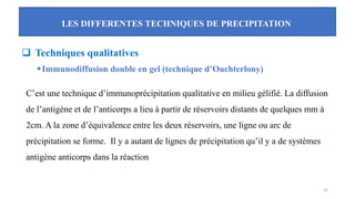 LES DIFFERENTES TECHNIQUES DE PRECIPITATION
22
❑ Techniques qualitatives
▪Immunodiffusion double en gel (technique d’Ouchterlony)
C’est une technique d’immunoprécipitation qualitative en milieu gélifié. La diffusion
de l’antigène et de l’anticorps a lieu à partir de réservoirs distants de quelques mm à
2cm. A la zone d’équivalence entre les deux réservoirs, une ligne ou arc de
précipitation se forme. Il y a autant de lignes de précipitation qu’il y a de systèmes
antigène anticorps dans la réaction
 