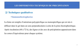 LES DIFFERENTES TECHNIQUES DE PRECIPITATION
27
❑ Techniques qualitatives
▪Immunoélectrophorèse
La fente est remplie d’antisérum polyspécifique ou monospécifique qui est mis à
diffuser dans le gel dans un sens perpendiculaire à celui de la piste électrophorétique.
Après incubation (48 à 72 h), des lignes et des arcs de précipitation apparaissent dans
les zones d’équivalence pour chaque système.
 