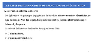 LES BASES IMMUNOLOGIQUES DES RÉACTIONS DE PRÉCIPITATION
❑Interaction antigène–anticorps
Les épitopes et les paratopes engagent des interactions non covalentes et réversibles, de
type liaisons de Van der Waals, liaisons hydrophobes, liaisons électrostatiques et
liaisons hydrogènes.
La mise en évidence de la réaction Ac-Ag peut être faite :
➢ D’une manière ,
➢ D’une manière indirecte
7
 
