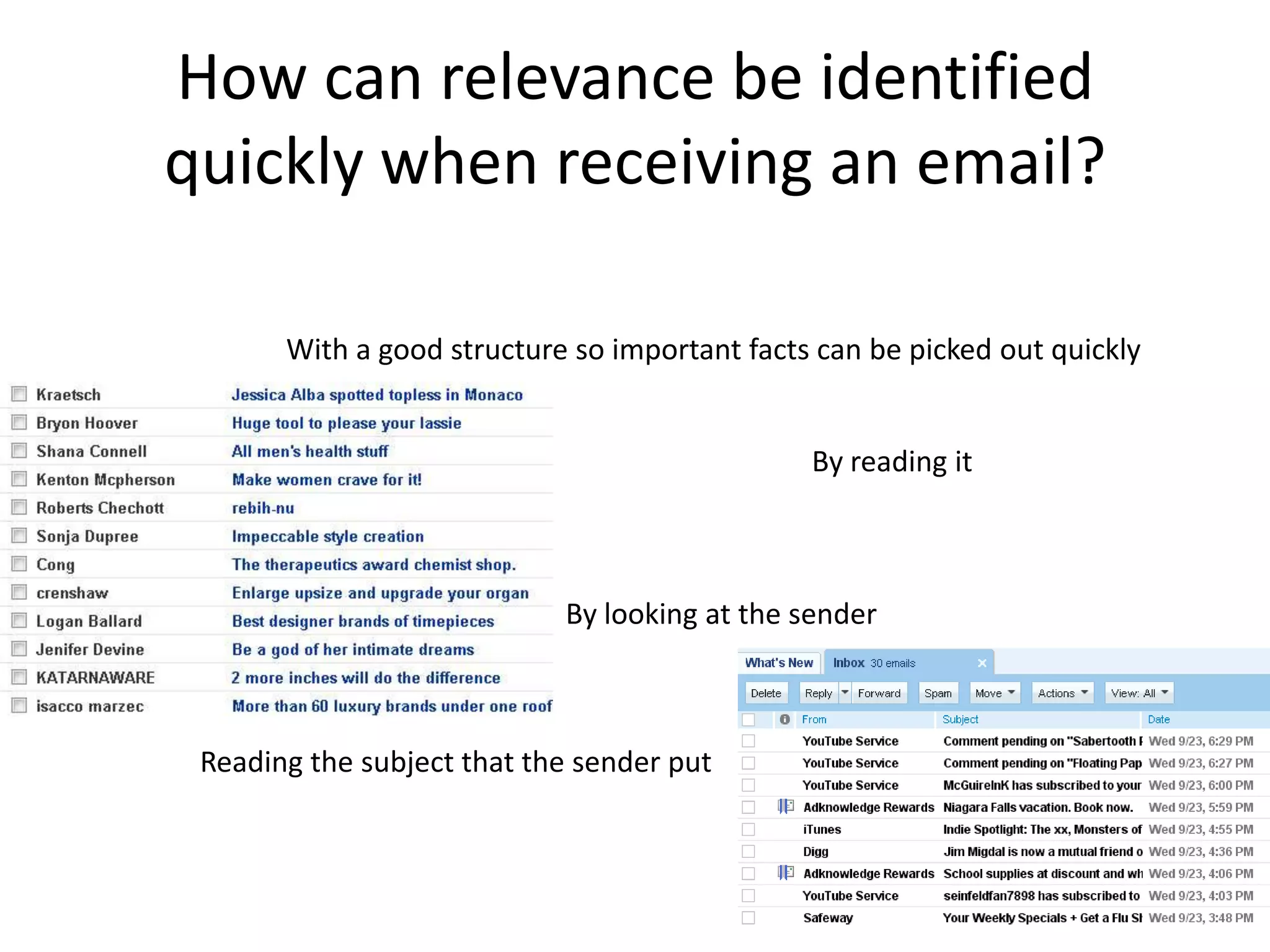 How can relevance be identified
quickly when receiving an email?

       With a good structure so important facts can be picked out quickly


                                               By reading it



                            By looking at the sender



 Reading the subject that the sender put
 