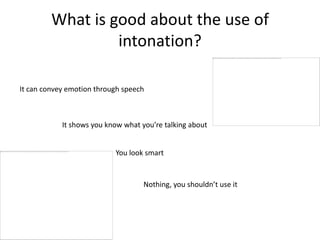 What is good about the use of
                  intonation?

It can convey emotion through speech



            It shows you know what you’re talking about


                           You look smart


                                    Nothing, you shouldn’t use it
 