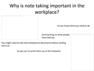 Why is note taking important in the
                   workplace?

                                                        So you know what you need to do


                                        Summarizing on what people
                                        have told you

You might need to edit internal/external documents before sending
them on

               So you can re-write them up on the computer
 
