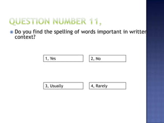  Do you find the spelling of words important in written
context?
1, Yes
4, Rarely3, Usually
2, No
 