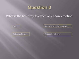 What is the best way to effectively show emotion


    Text.                  Verbal and body gestures.



    Doing nothing.         Physical violence.
 