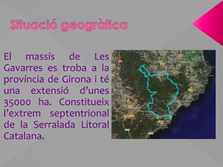 Situació geogràficaEl massís de Les Gavarres es troba a la província de Girona i té una extensió d’unes 35000 ha. Constitueix l’extrem septentrional de la Serralada Litoral Catalana. 