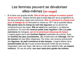 Les femmes peuvent se dévaloriser
elles-mêmes (en rouge)
• B vit dans une grande famille. Elle ne fait que nettoyer la maison quand
arrive son tour. Chaque femme gère le petit déjeuner de sa progéniture et
les deux principaux repas sont communs. Elle va rarement au champ sauf
pour le battage du riz rémunéré en nature au 10ème de la quantité battue.
Elle plante dans le champ du mari des légumes qui lui servent de
condiments pour les repas. Elle en vend pour participer à la dépense
quotidienne. Ce sont des revenus petits mais réguliers. Elle a un petit
commerce de mangues, qui ne lui prend pas beaucoup de temps.
L’argent gagné sert à des tontines légères (ustensiles de cuisine). Avec
les tontines les plus consistantes, elle investit dans de l’élevage. Elle fait
les tresses lors des fêtes religieuses. Par ordre, ses revenus proviennent
des légumes, du petit commerce et des tresses. L’argent obtenu de la
transformation du riz n’a pas encore bousculé l’ordre de ses revenus.
Cependant, dans son foyer, elle sent un mari plus attentif à elle, un respect
renforcé. En cas de sortie, son mari reste pour garder les enfants.
 