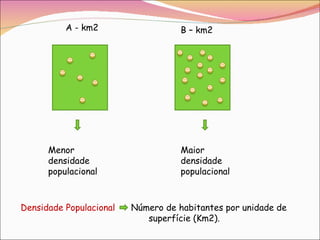 A - km2 B – km2 Menor densidade populacional Maior densidade populacional Densidade Populacional   Número de habitantes por unidade de  superfície (Km2).  