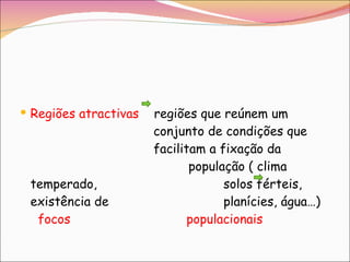 Regiões atractivas   regiões que reúnem um    conjunto de condições que    facilitam a fixação da      população ( clima temperado,    solos férteis, existência de    planícies, água…)  focos    populacionais 