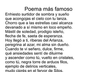 Biografía (Santander, 1896 - Madrid, 1987) Poeta español considerado una de las figuras más representativas de la Generación del 27, a la que agrupó por primera vez en una célebre antología y que encabezó el redescubrimiento de Góngora. Profesor de música y literatura su primer poema fue EL ROMANCERO DE LA NOVIA (1920) 