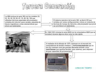 Tercera Generación LINEA DE TIEMPO La IBM produce la serie 360 con los modelos 20, 22, 30, 40, 50, 65, 67, 75, 85, 90, 195 que utilizaban técnicas especiales del procesador, unidades de cinta de nueve canales, paquetes de discos magnéticos y otras características que ahora son estándares El sistema operativo de la serie 360, se llamó OS que contaba con varias configuraciones, incluía un conjunto de técnicas de manejo de memoria y del procesador que pronto se convirtieron en estándares. En 1964 CDC introdujo la serie 6000 con la computadora 6600 que se consideró durante algunos años como la más rápida. A mediados de la década de 1970, aparecen en el mercado las computadoras de tamaño mediano, o  minicomputadoras  que no son tan costosas como las grandes (llamadas también como  mainframes   que significa también, gran sistema), pero disponen de gran capacidad de procesamiento. 