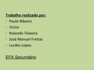Trabalho realizado por: Paulo Ribeiro Victor Rolando Teixeira José Manuel Freitas Lurdes Lopes EFA Secundário 