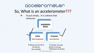 So, What is an accelerometer???
 To put simply… It is a device that
measures
acceleration
forces.
STATIC
(due to gravity)
DYNAMIC
(w.r.tDevice)
 Measures the tilt of
the device
(w.r.t. gravity)
 Analyze the way
device is moving
Vibrations & Shocks
© Technical Spark
 