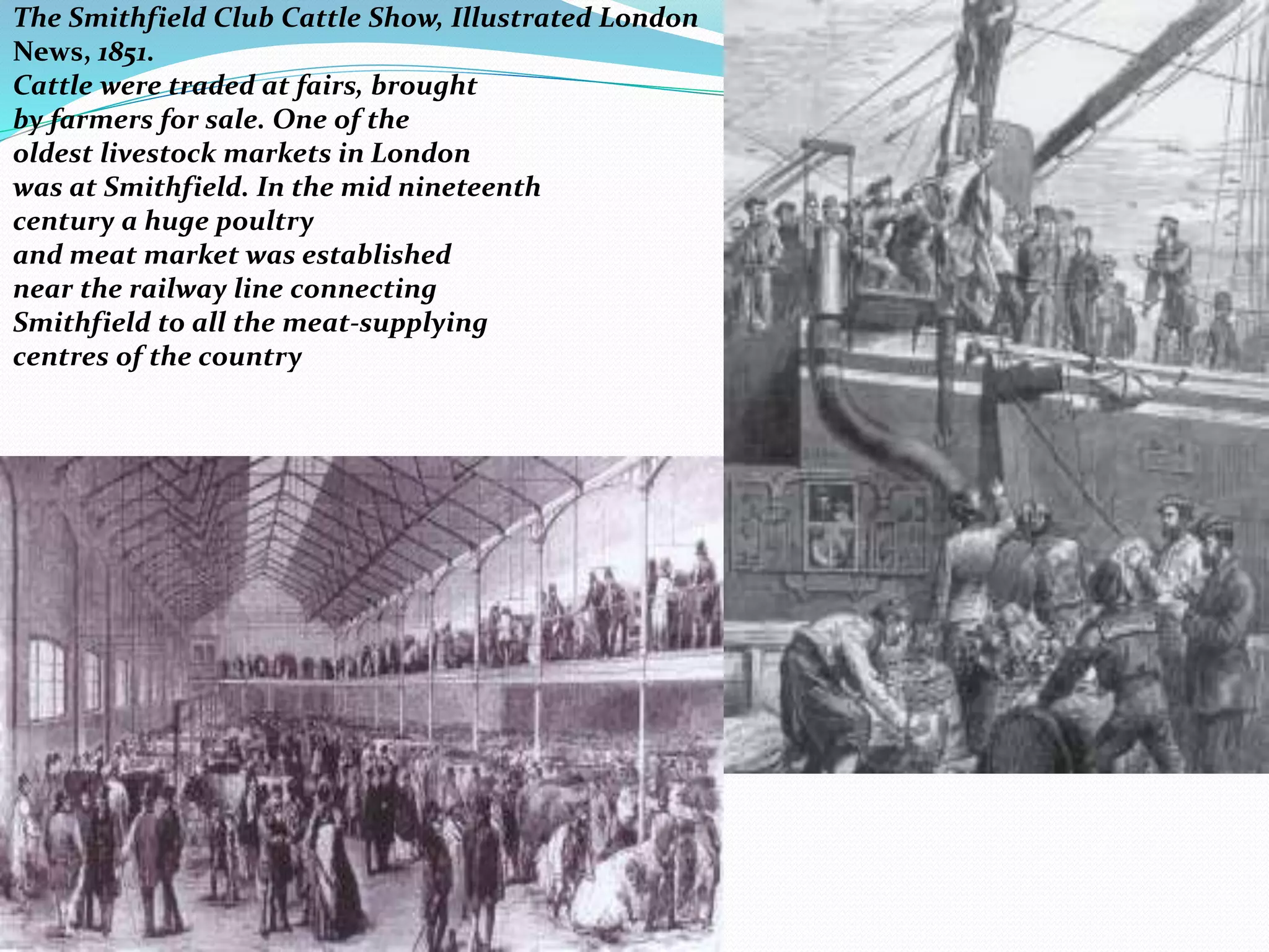The Smithfield Club Cattle Show, Illustrated London
News, 1851.
Cattle were traded at fairs, brought
by farmers for sale. One of the
oldest livestock markets in London
was at Smithfield. In the mid nineteenth
century a huge poultry
and meat market was established
near the railway line connecting
Smithfield to all the meat-supplying
centres of the country
Meat being loaded on to the ship,

Meat being loaded on to the ship,
 Alexandra, Illustrated London News,
 1878. Export of meat was possible only
 after ships were refrigerated.
 