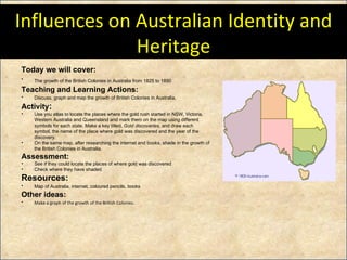 Influences on Australian Identity and Heritage Today we will cover: The growth of the British Colonies in Australia from 1825 to 1890 Teaching and Learning Actions: Discuss, graph and map the growth of British Colonies in Australia .   Activity :  Use you atlas to locate the places where the gold rush started in NSW, Victoria, Western Australia and Queensland and mark them on the map using different symbols for each state. Make a key titled,  Gold discoveries,  and draw each symbol, the name of the place where gold was discovered and the year of the discovery. On the same map, after researching the internet and books, shade in the growth of the British Colonies in Australia. Assessment: See if they could locate the places of where gold was discovered Check where they have shaded. Resources: Map of Australia, internet, coloured pencils, books   Other ideas: Make a graph of the growth of the British Colonies .   