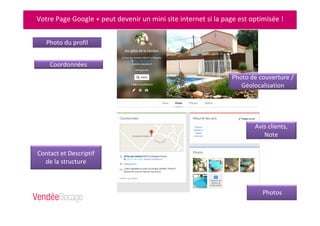 Votre Page Google + peut devenir un mini site internet si la page est optimisée !
Photo du profilPhoto du profil
Coordonnées
Contact et Descriptif
de la structure
Photo de couverture /
Géolocalisation
Avis clients,
Note
Photos
 