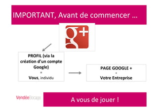 IMPORTANT, Avant de commencer …
PROFIL (via la
création d’un compte
Google)
=
Vous, individu
PAGE GOOGLE +
=
Votre Entreprise
 