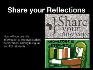 Share your Reflections

How will you use this
information to improve student
achievement among bilingual
and ESL students.

 