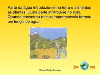 Parte da água introduziu-se na terra e alimentou as plantas. Outra parte infiltrou-se no solo. Quando encontrou rochas impermeáveis formou um lençol de água.  Silmara Robles Escorsin 