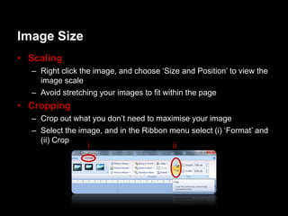 Image Size
• Scaling
  – Right click the image, and choose „Size and Position‟ to view the
    image scale
  – Avoid stretching your images to fit within the page
• Cropping
  – Crop out what you don‟t need to maximise your image
  – Select the image, and in the Ribbon menu select (i) „Format‟ and
    (ii) Crop
                 i                       ii
 