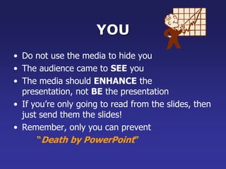 Bullets (con.)If you crowd too much text, the audience won’t read itToo much text looks busy and is hard to readWhy read it, when you’re going to tell them what it says?Our reading speed does not match our listening speed; hence, they confuse instead of reinforce