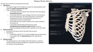 The sternum is a flat bone consisting of three parts.
1. Manubrium
• The superior edge of the manubrium contains an easily palpated notch
called the jugular (suprasternal) notch.
• It forms several articulations.
• It articulates with the clavicle at the clavicular notch forming the
sternoclavicular joint.
• It articulates with the costal cartilage of the first rib forming the
first sternocostal joint. This sternocostal joint is unique when
compared to the other sternocostal joints because it is a
synchondrosis and not a synovial joint.
• It articulates with the superior portion of the costal cartilage of
the second rib.
• It articulates with the body of the sternum at the
manubriosternal joint (sternal angle of Louis). This is an
important palpable landmark that is presented on the next slide.
2. Body of sternum
• The body of the sternum forms the bulk of the sternum.
• Articulations
• It articulates with the 2nd-7th costal cartilages (sternocostal joints).
• It articulates with the Xiphoid process at the xiphosternal
junction.
3. Xiphoid process
• The xiphoid process is the smallest part of the sternum. In youth it
consists entirely of hyaline cartilage, but is gradually replaced with a
core of bone during adulthood.
Osseous Thorax: Sternum
https://3d4medic.al/VFNQekPB
 