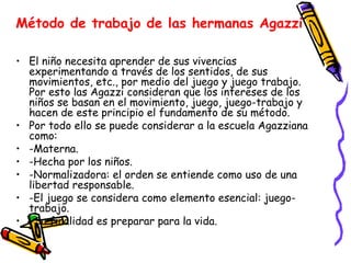 Método de trabajo de las hermanas Agazzi El niño necesita aprender de sus vivencias experimentando a través de los sentidos, de sus movimientos, etc., por medio del juego y juego trabajo. Por esto las Agazzi consideran que los intereses de los niños se basan en el movimiento, juego, juego-trabajo y hacen de este principio el fundamento de su método. Por todo ello se puede considerar a la escuela Agazziana como: -Materna. -Hecha por los niños. -Normalizadora: el orden se entiende como uso de una libertad responsable. -El juego se considera como elemento esencial: juego-trabajo. -Su finalidad es preparar para la vida. 