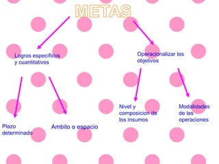 Logros específicos
y cuantitativos
Operacionalizar los
objetivos
Plazo
determinado
Ambito o espacio
Nivel y
composicion de
los insumos
Modalidades
de las
operaciones
 