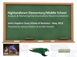 Highlandtown Elementary/Middle School
Analysis & Marketing/Communications Recommendations
Johns Hopkins Carey School of Business – May, 2012
Presented by Janessa Shaikun & Jennifer Kolodny
 