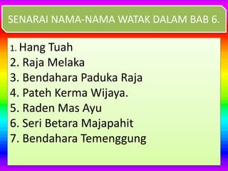 1. Hang Tuah
2. Raja Melaka
3. Bendahara Paduka Raja
4. Pateh Kerma Wijaya.
5. Raden Mas Ayu
6. Seri Betara Majapahit
7. Bendahara Temenggung
SENARAI NAMA-NAMA WATAK DALAM BAB 6.
 