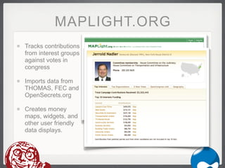 MAPLIGHT.ORG
Tracks contributions
from interest groups
against votes in
congress

Imports data from
THOMAS, FEC and
OpenSecrets.org

Creates money
maps, widgets, and
other user friendly
data displays.
 