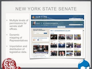 NEW YORK STATE SENATE

Multiple levels of
permissions for
senate staff
offices.

Dynamic
mapping of
Representatives

Importation and
distribution of
legislative data.
 