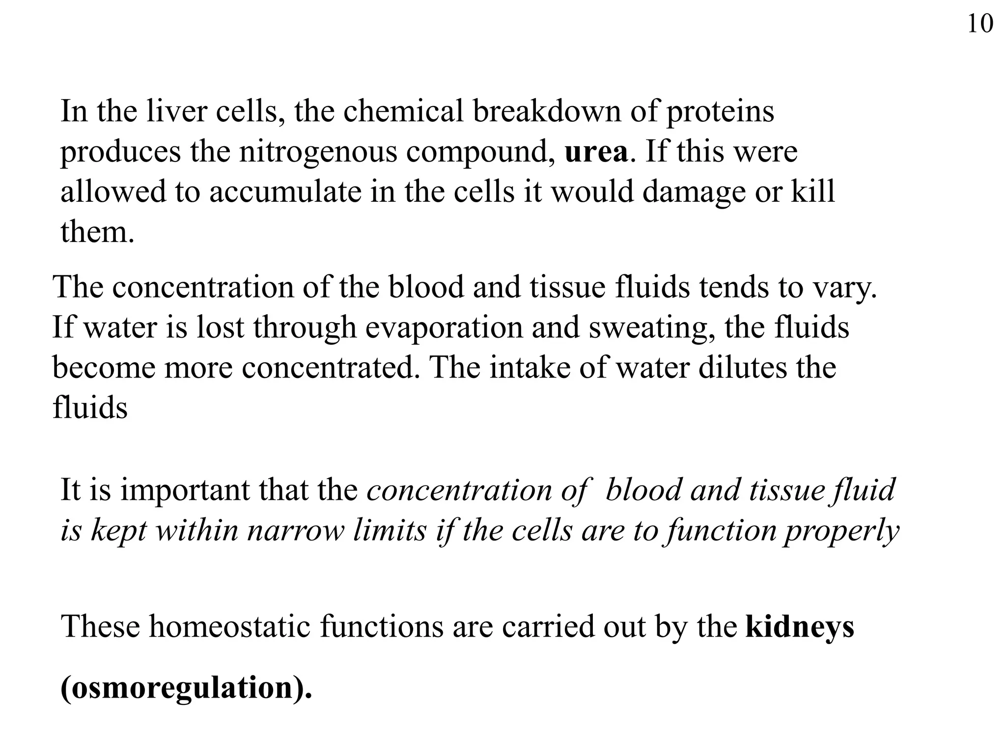 In the liver cells, the chemical breakdown of proteins
produces the nitrogenous compound, urea. If this were
allowed to accumulate in the cells it would damage or kill
them.
The concentration of the blood and tissue fluids tends to vary.
If water is lost through evaporation and sweating, the fluids
become more concentrated. The intake of water dilutes the
fluids
It is important that the concentration of blood and tissue fluid
is kept within narrow limits if the cells are to function properly
These homeostatic functions are carried out by the kidneys
(osmoregulation).
10
 