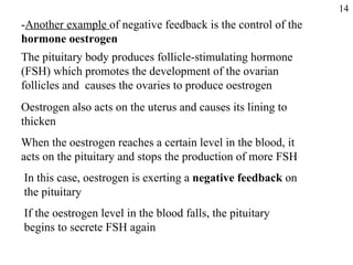 - Another example  of negative feedback is the control of the  hormone oestrogen The pituitary body produces follicle-stimulating hormone (FSH) which promotes the development of the ovarian follicles and  causes the ovaries to produce oestrogen Oestrogen also acts on the uterus and causes its lining to thicken When the oestrogen reaches a certain level in the blood, it acts on the pituitary and stops the production of more FSH If the oestrogen level in the blood falls, the pituitary begins to secrete FSH again In this case, oestrogen is exerting a  negative feedback  on the pituitary 14 