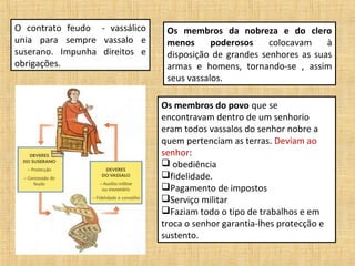 O contrato feudo - vassálico    Os membros da nobreza e do clero
unia para sempre vassalo e      menos      poderosos    colocavam    à
suserano. Impunha direitos e    disposição de grandes senhores as suas
obrigações.                     armas e homens, tornando-se , assim
                                seus vassalos.

                               Os membros do povo que se
                               encontravam dentro de um senhorio
                               eram todos vassalos do senhor nobre a
                               quem pertenciam as terras. Deviam ao
                               senhor:
                                obediência
                               fidelidade.
                               Pagamento de impostos
                               Serviço militar
                               Faziam todo o tipo de trabalhos e em
                               troca o senhor garantia-lhes protecção e
                               sustento.
 
