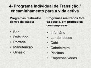 4- Programa Individual de Transição /
encaminhamento para a vida activa
Programas realizados
dentro da escola
• Bar
• Refeitório
• Portaria
• Manutenção
• Ginásio
Programas realizados fora
da escola, em protocolos
com empresas.
• Infantário
• Lar de Idosos
• Café
• Cabeleireira
• Piscinas
• Empresas várias
 
