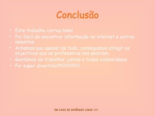 Conclusão Este trabalho correu bem!  Foi fácil de encontrar informação na internet e outros assuntos.  Achamos que apesar de tudo, conseguimos atingir os objectivos que as professoras nos pediram.  Gostámos de trabalhar juntos e todos colaborámos.  Foi super divertido!!!!!!!!!!!!!!!!!!!! 
